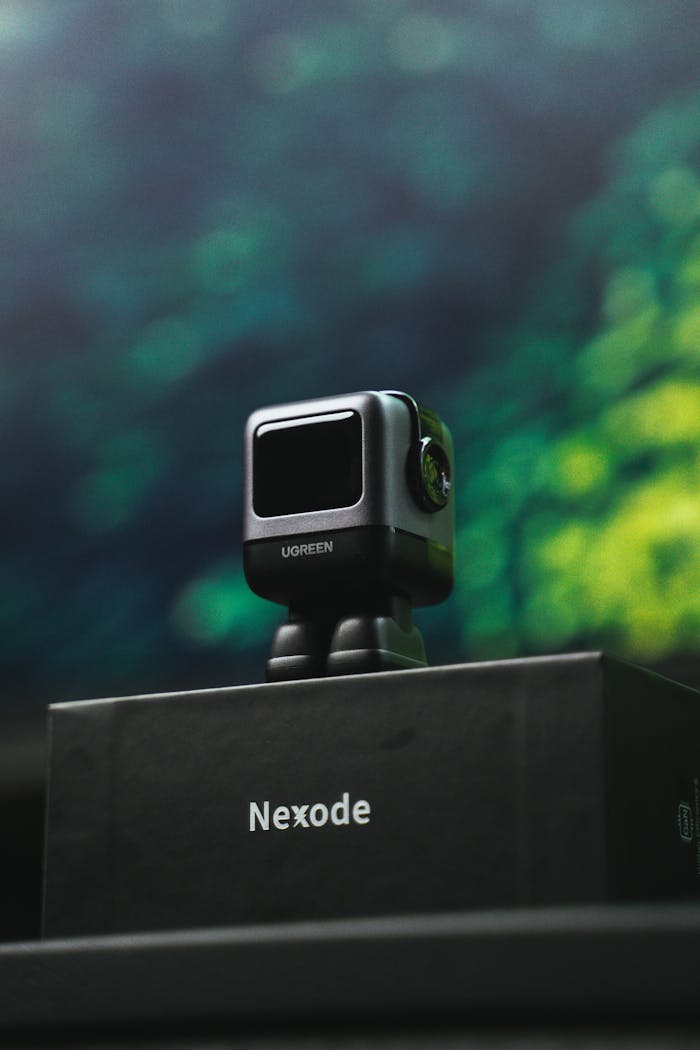 A sleek Nexode charger showcased on a box against a blurred background, highlighting modern technology.